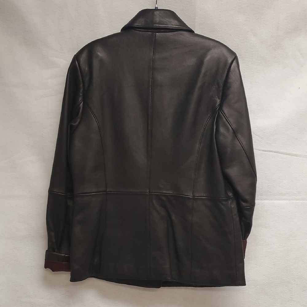 Liz Claiborne Small Black Leather Jacket with Burgundy Accents - Picture 4 of 5